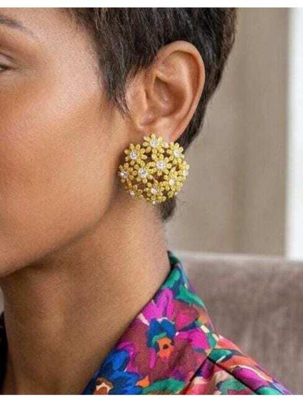 Vintage 1950s Yellow Flower Clip-On Earrings, Floral Cluster, Rhinestone,